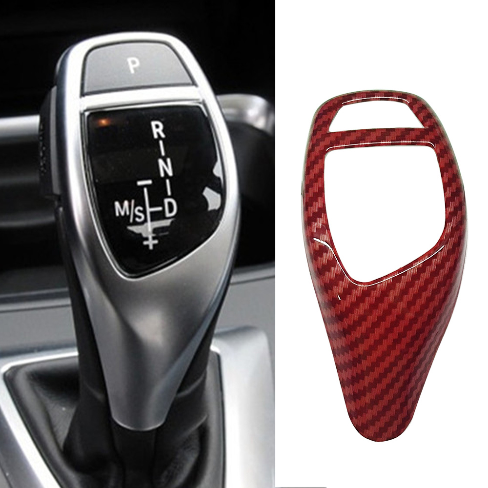 ABS Car Gear Shift Handle Head Sleeve Cover Trim Sticker Fit For BMW 1 2 3 4 5 Series X3 X4 X5 X6 F30 F10 F32 F25 F15 F16 A Carbon fiber Red