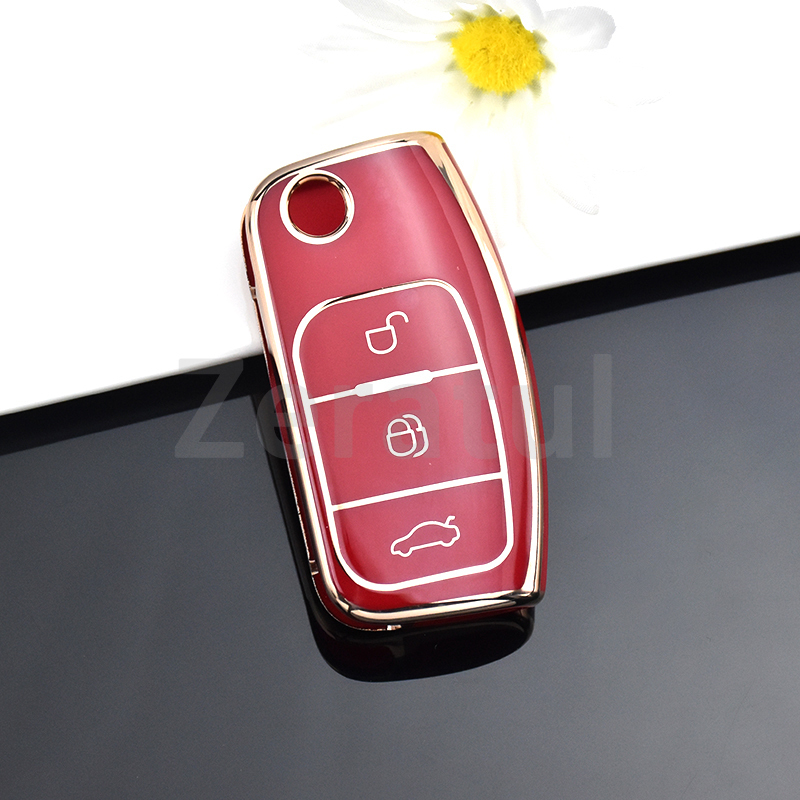 Shell Fob TPU Car Soft Folding Key Case Holder Full Cover For Ford Focus 2 Falcon Escape Galaxy Kuga B-Max C-Max Ecosport Fiesta red cover(GLD)