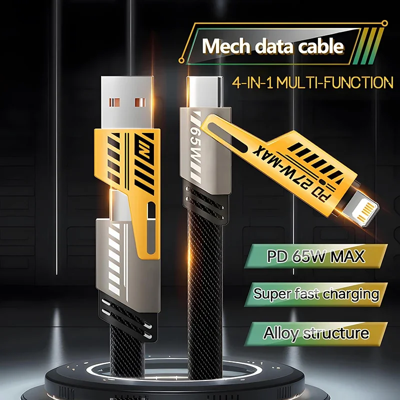 4 in 1 Mecha Fast Charging Data Cable Cord PD 27W For iPhone 15 Samsung Xiaomi 65W USB Type C Multi Port Quick Charge Wire Line in 1 Cable / m