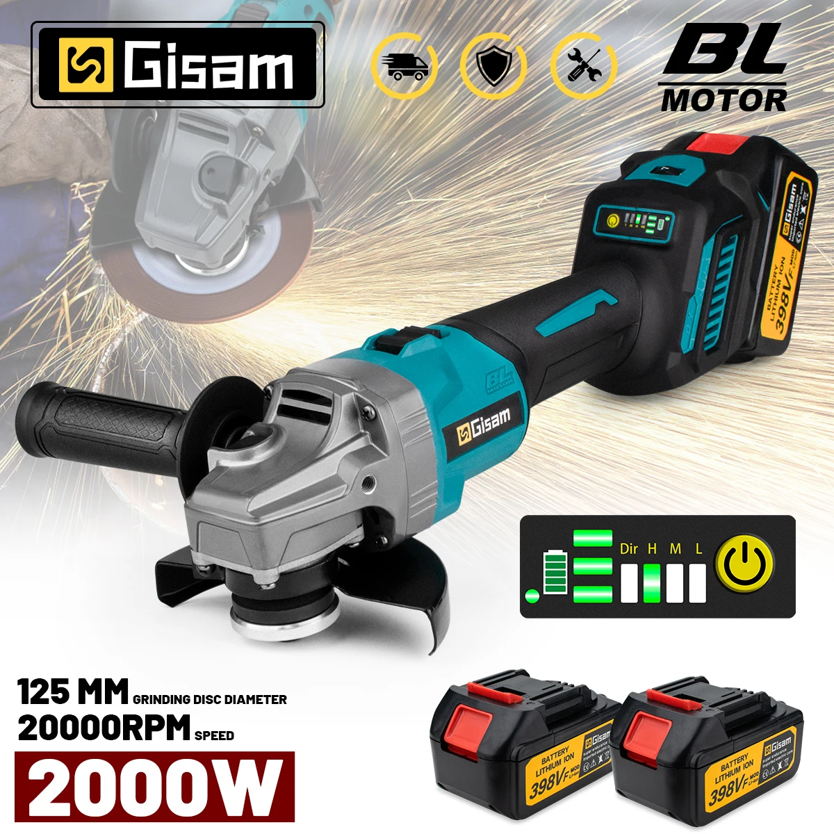 Gisam 125mm M14 Brushless Angle Grinder 7 Gears Cordless Grinding Machine Cutting Woodworking Tools For Makita 18V Battery Pins