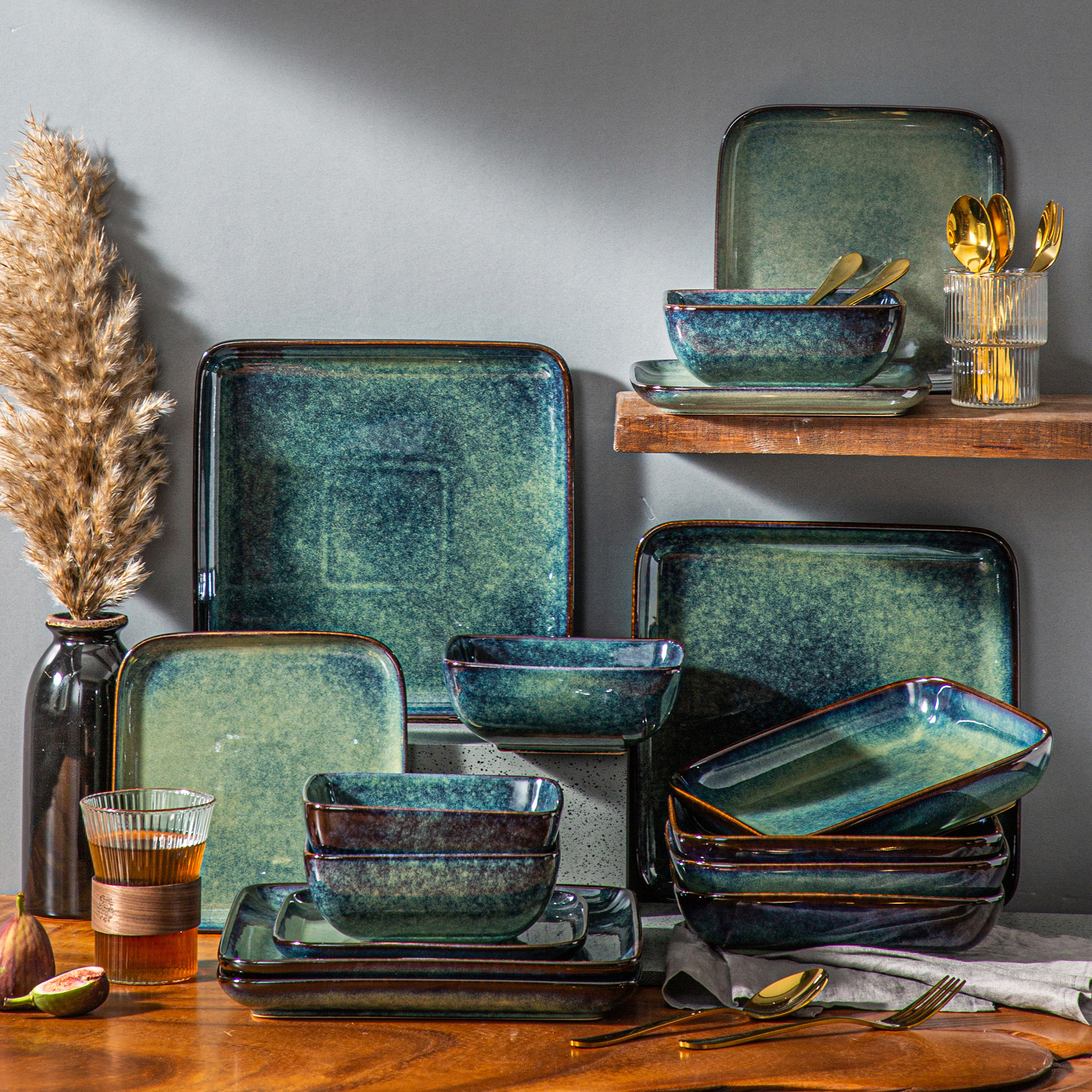 vancasso Stern Dinner Set Green Square Kiln Change Glaze Tableware 16 Piece Kitchen Dinnerware Ceramic Crockery Set for 4 Person