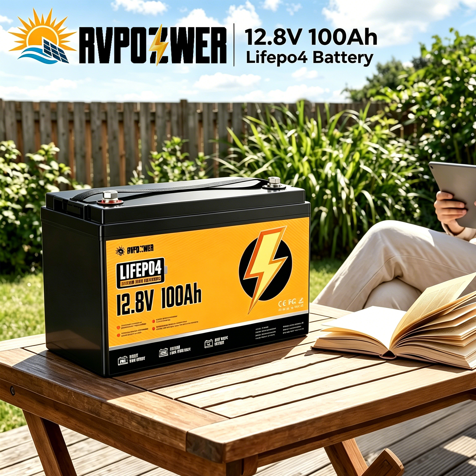 RVPOZWER 12.8V 100Ah LiFePO4 Lithium Iron Phosphate Battery 1280Wh, Built-in 100A Smart BMS, 15000+ Deep Cycles Rechargeable Storage Battery for RV, Marine Boat, Trailer, Off-Grid Solar System, Camping & Travel Emergency Power